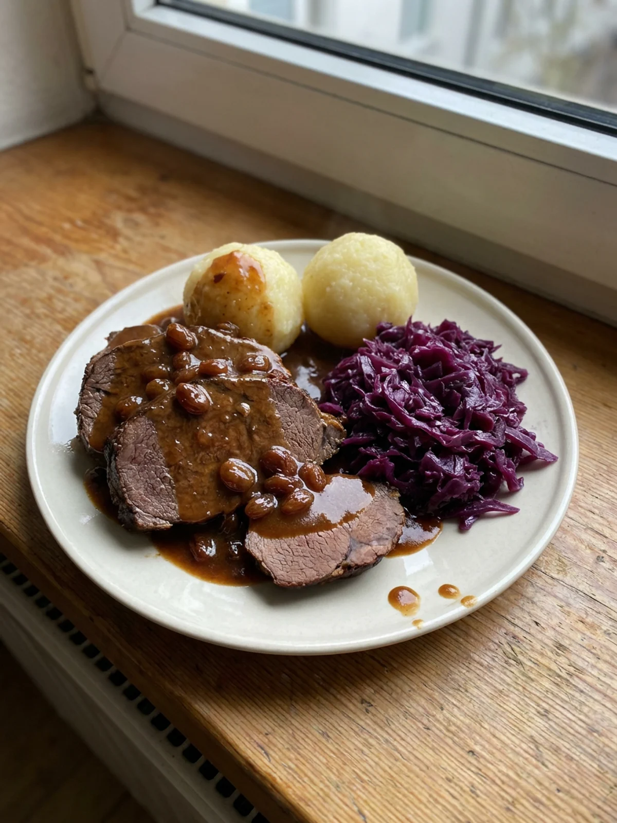 Aufgeschnittener Sauerbraten auf einem Teller mit Klößen, Rotkohl und der dunklen Soße.