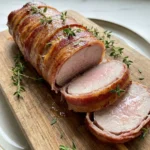 Aufgeschnittenes Schweinefilet im Speckmantel, das Fleisch ist innen hell und saftig, der Speck außen knusprig.