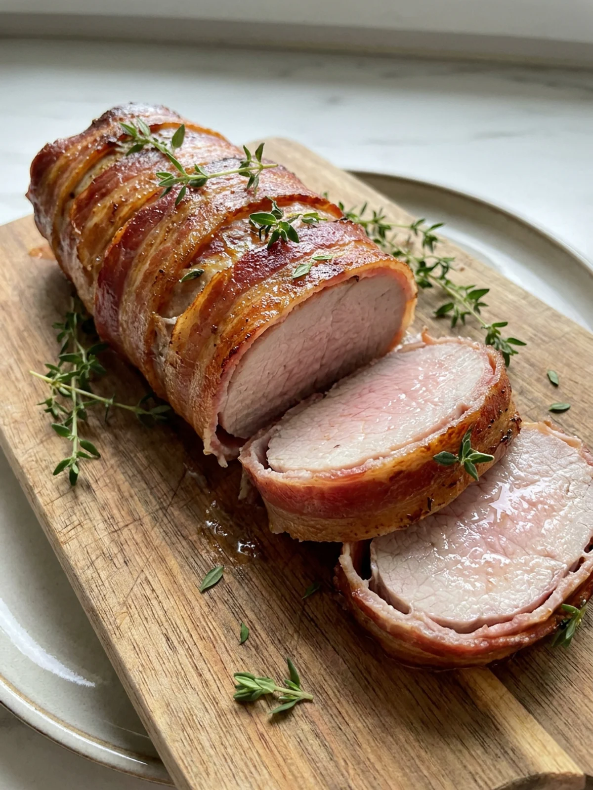 Aufgeschnittenes Schweinefilet im Speckmantel, das Fleisch ist innen hell und saftig, der Speck außen knusprig.