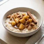 Draufsicht auf ein fertiges Spekulatius Porridge mit Apfel, daneben liegen ganze Spekulatiuskekse.