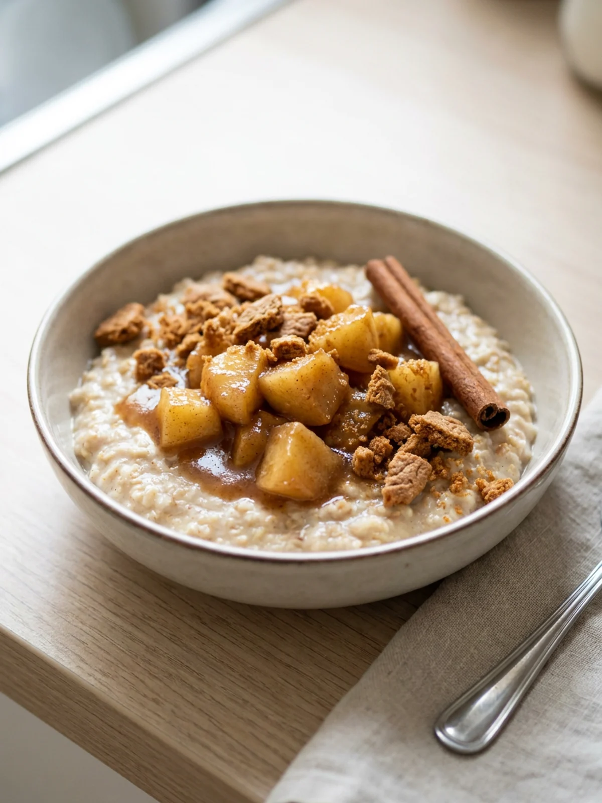 Draufsicht auf ein fertiges Spekulatius Porridge mit Apfel, daneben liegen ganze Spekulatiuskekse.