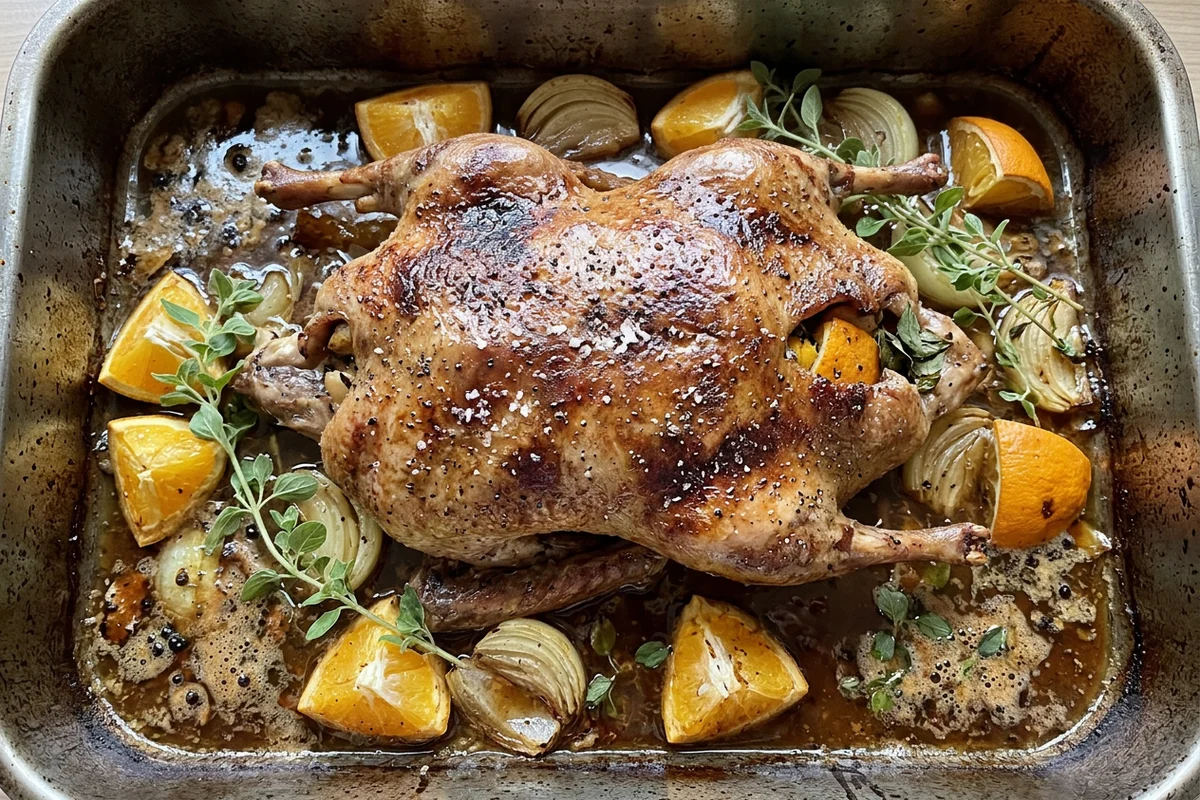 Klassische Weihnachtsente mit Orangenfüllung