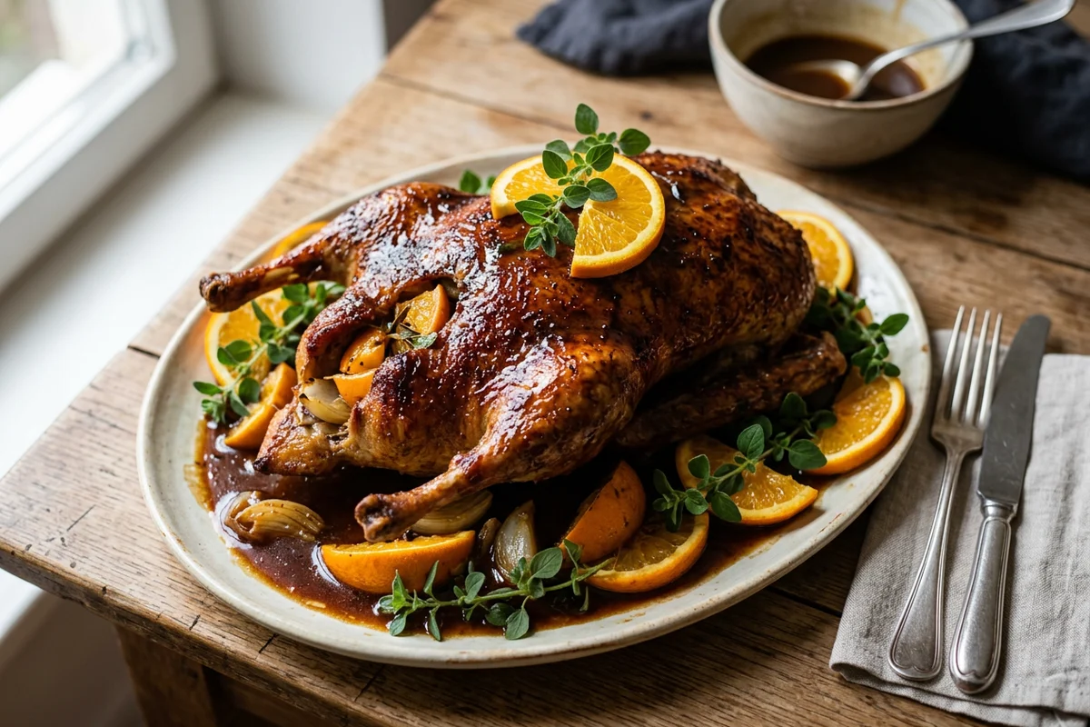 Klassische Weihnachtsente mit Orangenfüllung