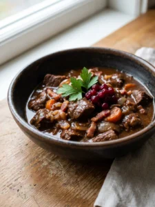 Ein tiefer Teller mit Wildgulasch in dunkler Sauce, garniert mit Petersilie.