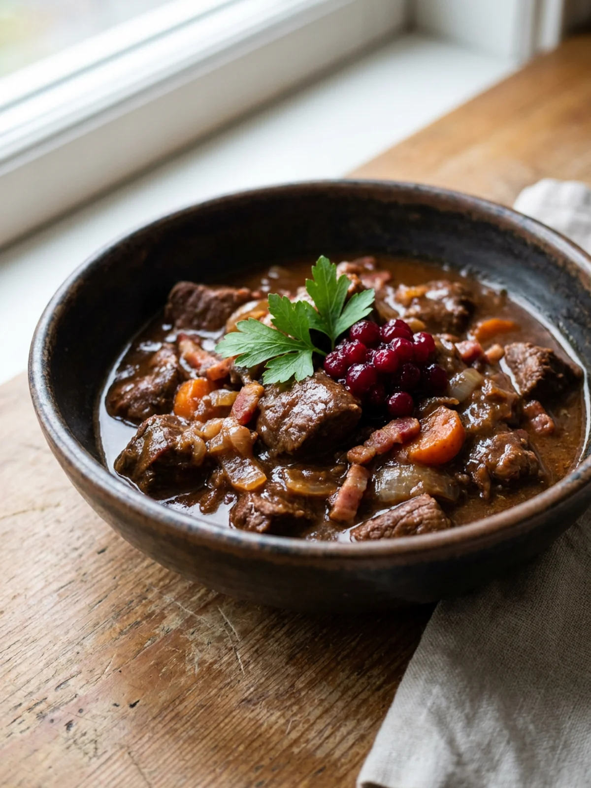 Ein tiefer Teller mit Wildgulasch in dunkler Sauce, garniert mit Petersilie.
